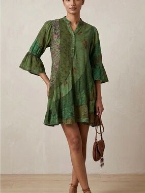 Young Threads | Patchwork Boho Tiered Tunic Mini Dress Size Small